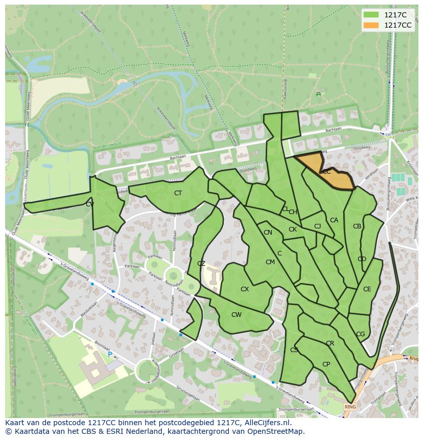 Afbeelding van het postcodegebied 1217 CC op de kaart.