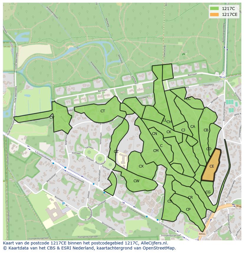 Afbeelding van het postcodegebied 1217 CE op de kaart.
