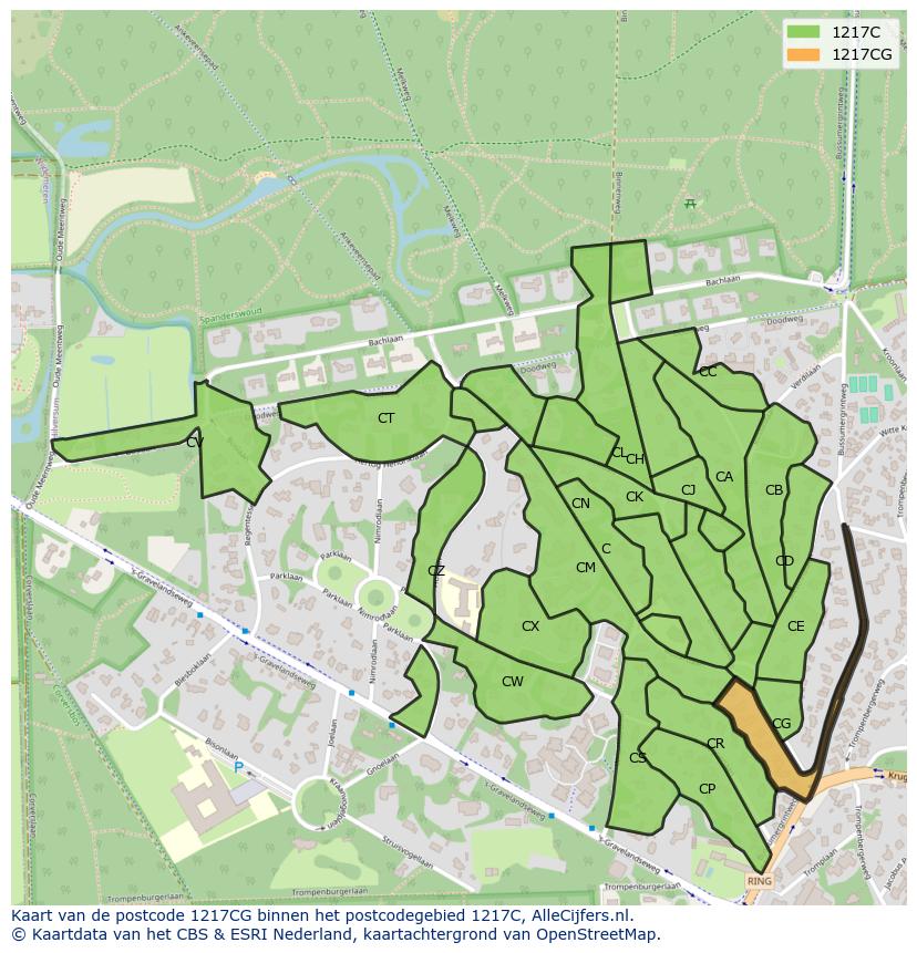 Afbeelding van het postcodegebied 1217 CG op de kaart.