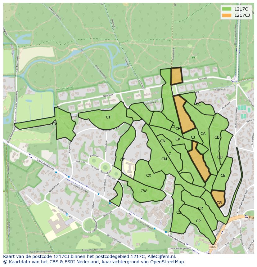 Afbeelding van het postcodegebied 1217 CJ op de kaart.