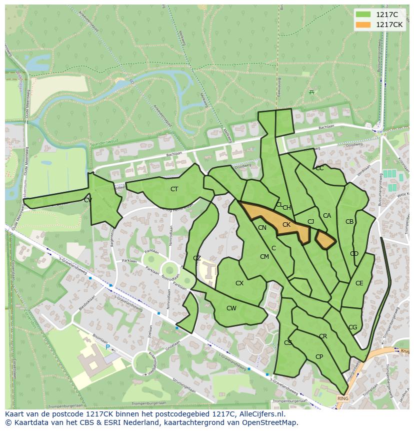 Afbeelding van het postcodegebied 1217 CK op de kaart.