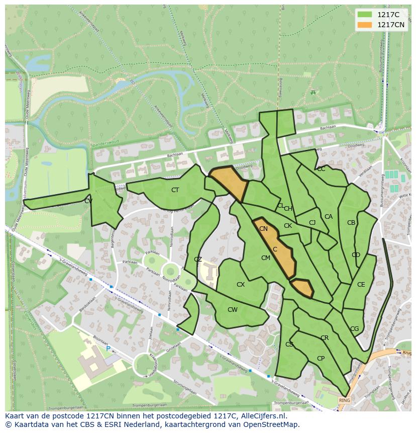 Afbeelding van het postcodegebied 1217 CN op de kaart.