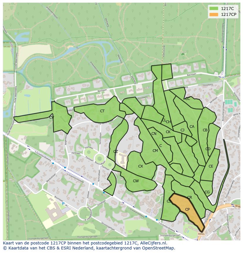 Afbeelding van het postcodegebied 1217 CP op de kaart.