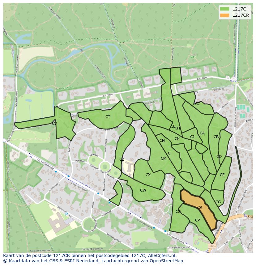 Afbeelding van het postcodegebied 1217 CR op de kaart.
