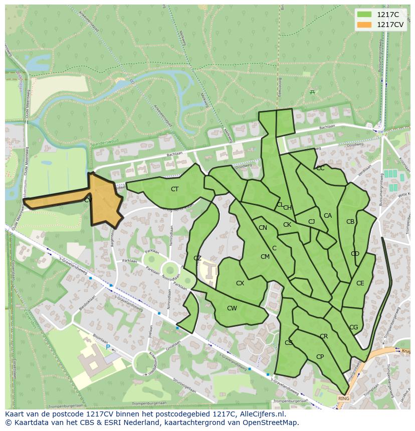 Afbeelding van het postcodegebied 1217 CV op de kaart.