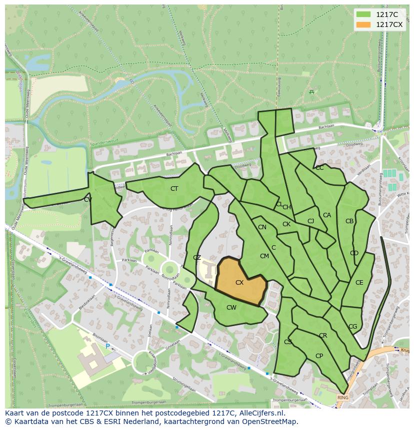 Afbeelding van het postcodegebied 1217 CX op de kaart.
