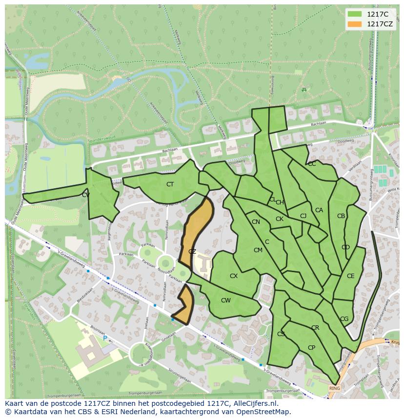 Afbeelding van het postcodegebied 1217 CZ op de kaart.