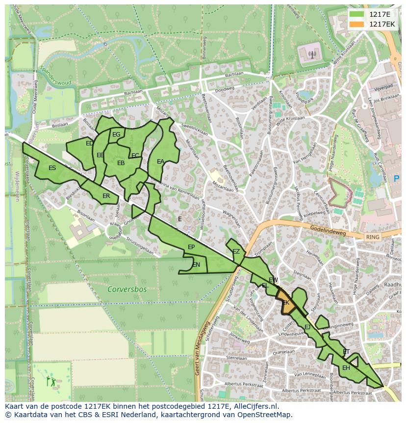 Afbeelding van het postcodegebied 1217 EK op de kaart.