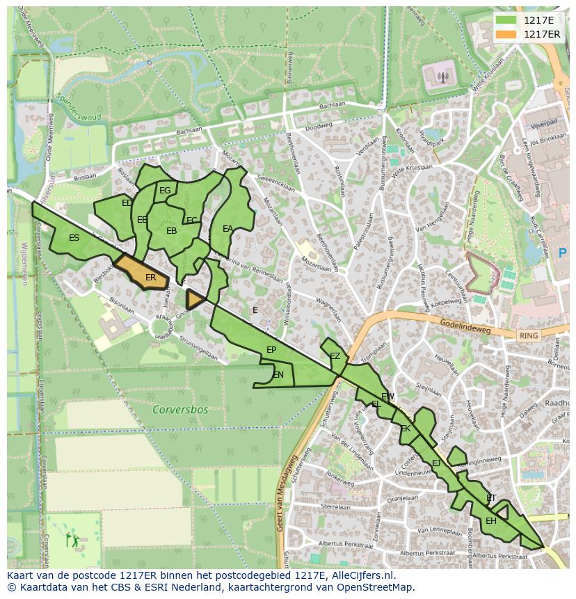 Afbeelding van het postcodegebied 1217 ER op de kaart.