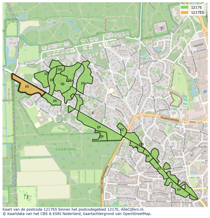 Afbeelding van het postcodegebied 1217 ES op de kaart.