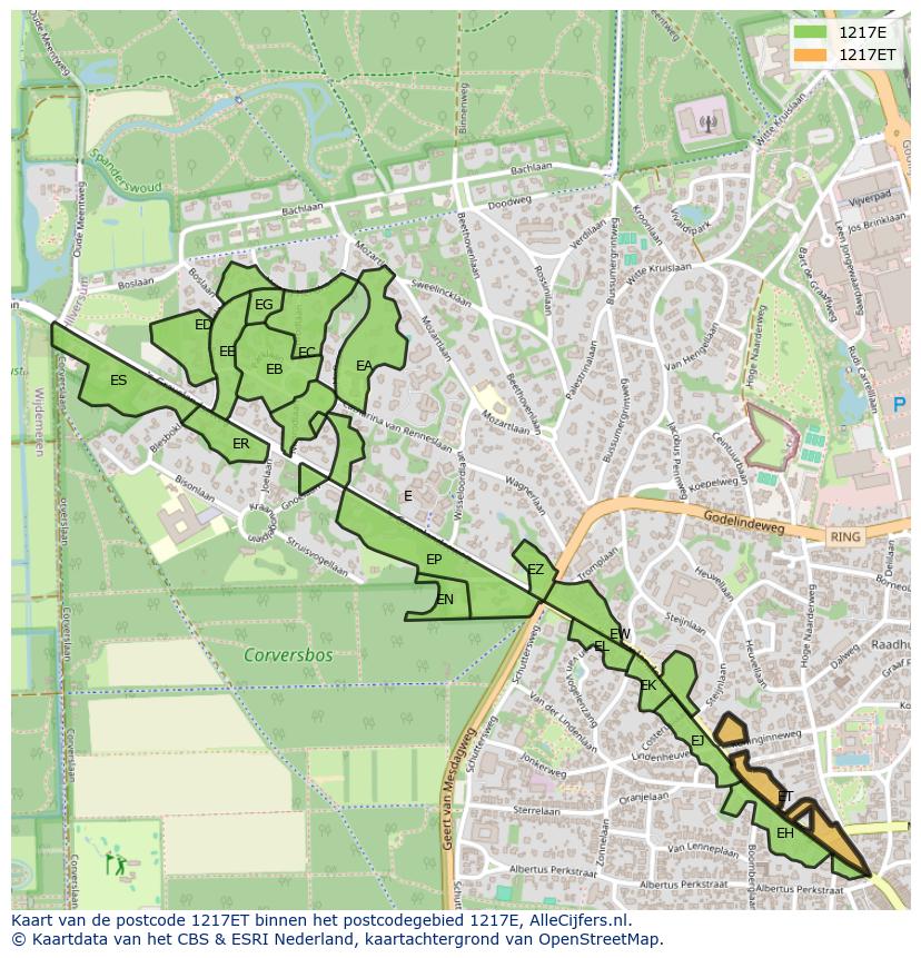 Afbeelding van het postcodegebied 1217 ET op de kaart.
