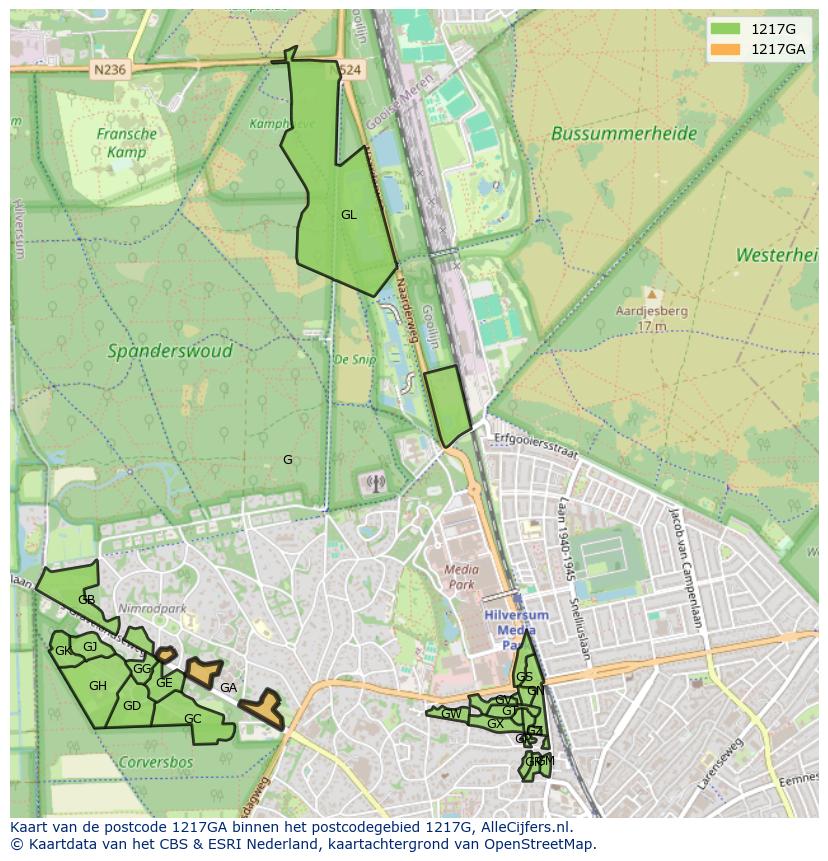 Afbeelding van het postcodegebied 1217 GA op de kaart.
