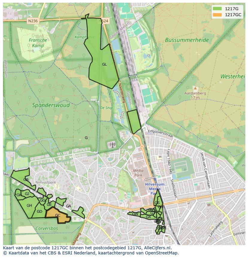 Afbeelding van het postcodegebied 1217 GC op de kaart.