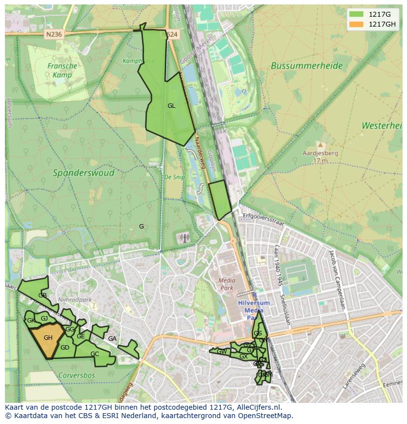 Afbeelding van het postcodegebied 1217 GH op de kaart.