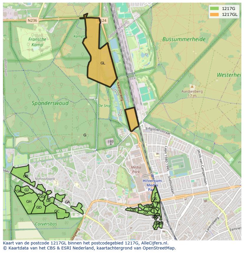 Afbeelding van het postcodegebied 1217 GL op de kaart.