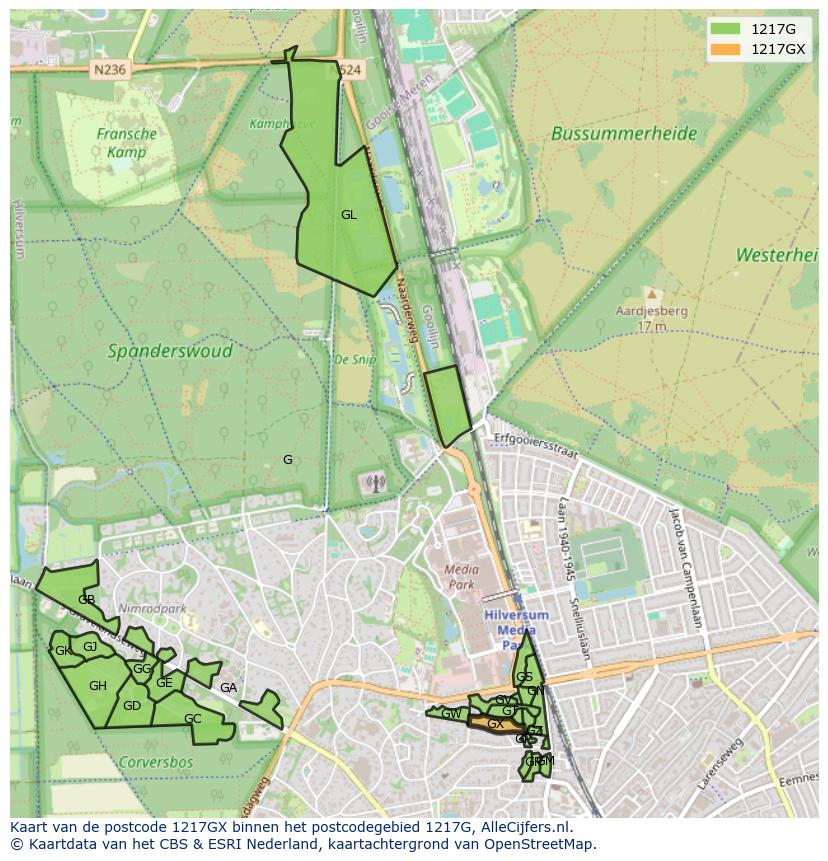 Afbeelding van het postcodegebied 1217 GX op de kaart.