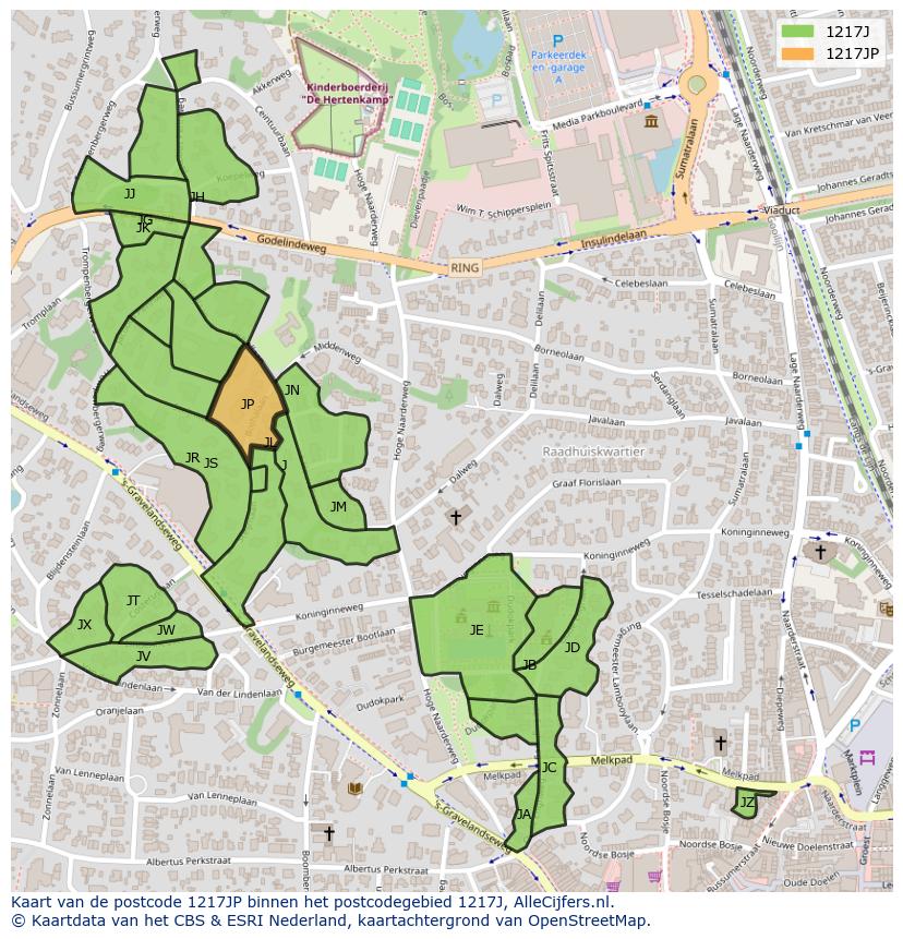 Afbeelding van het postcodegebied 1217 JP op de kaart.