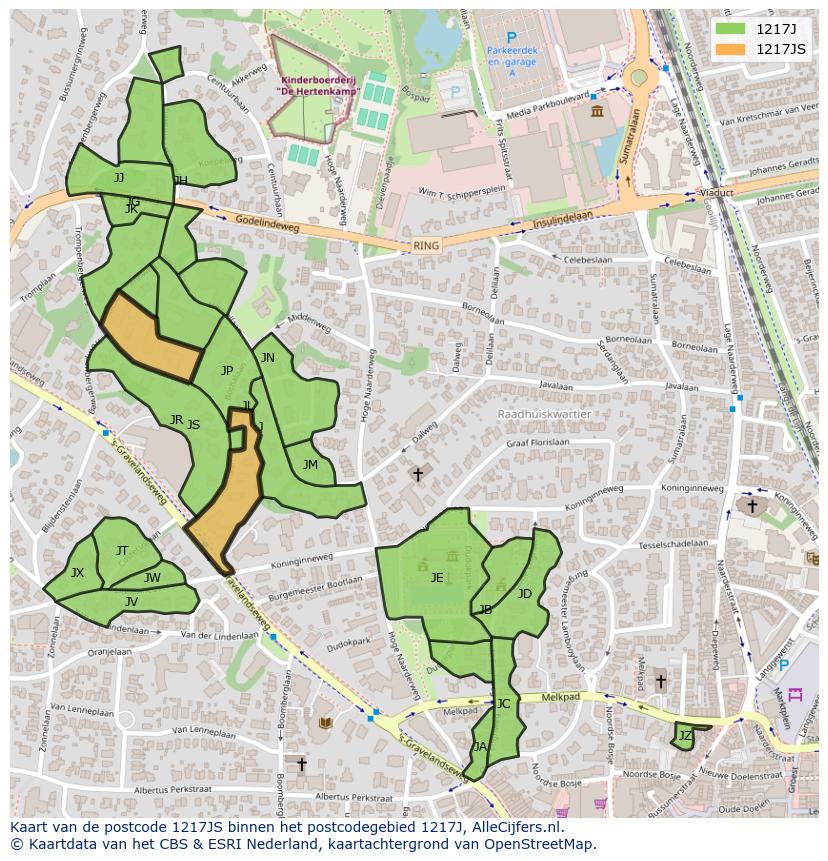 Afbeelding van het postcodegebied 1217 JS op de kaart.