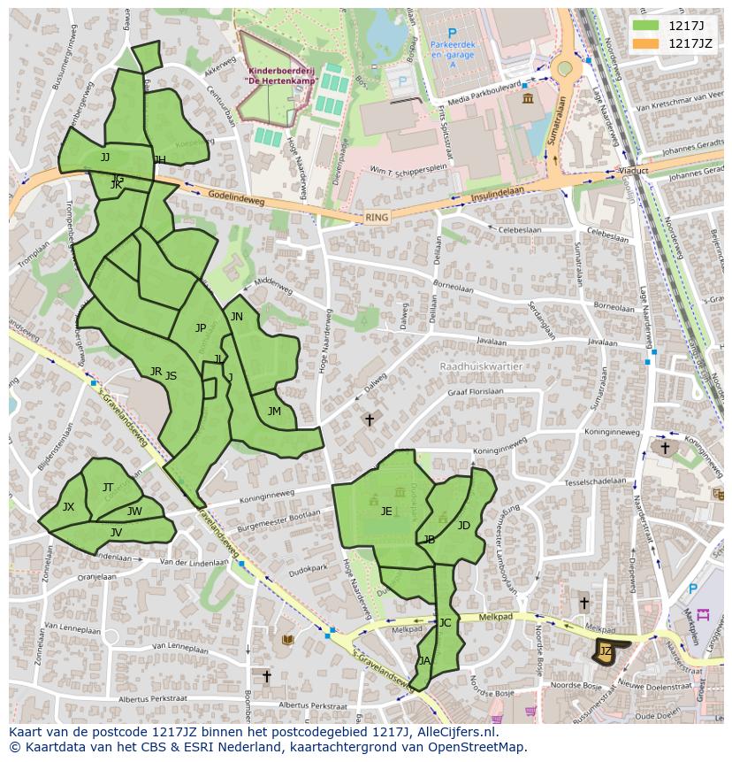 Afbeelding van het postcodegebied 1217 JZ op de kaart.