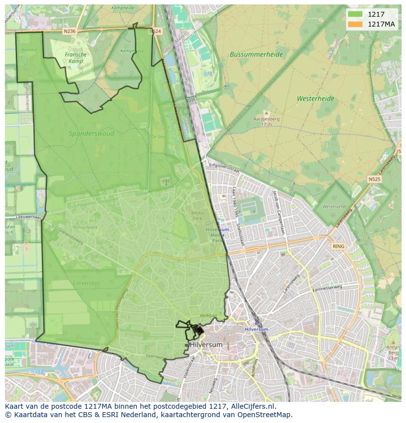 Afbeelding van het postcodegebied 1217 MA op de kaart.
