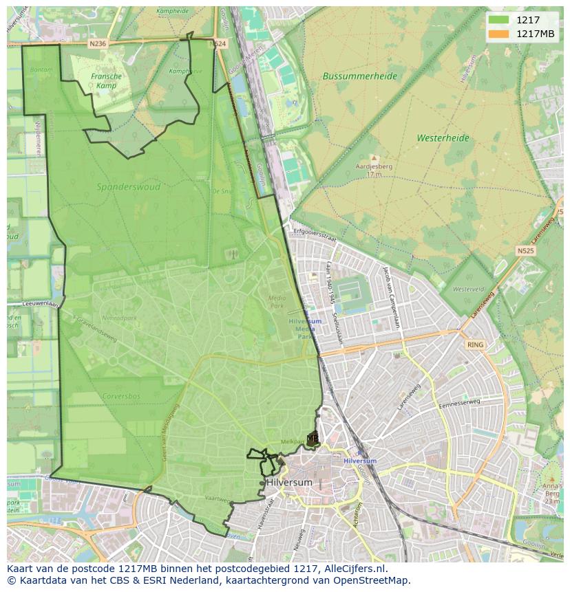 Afbeelding van het postcodegebied 1217 MB op de kaart.