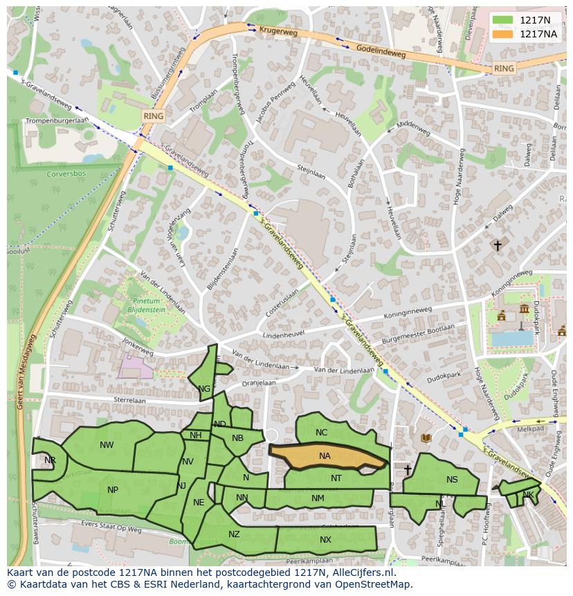 Afbeelding van het postcodegebied 1217 NA op de kaart.