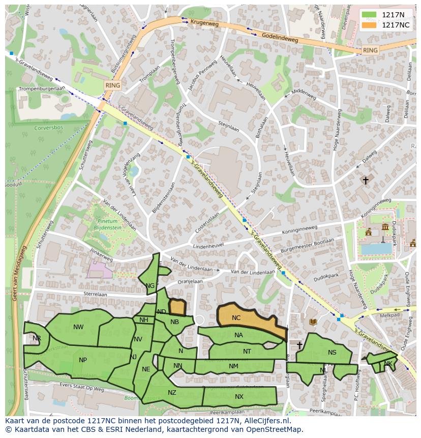 Afbeelding van het postcodegebied 1217 NC op de kaart.