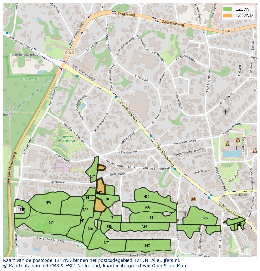 Afbeelding van het postcodegebied 1217 ND op de kaart.