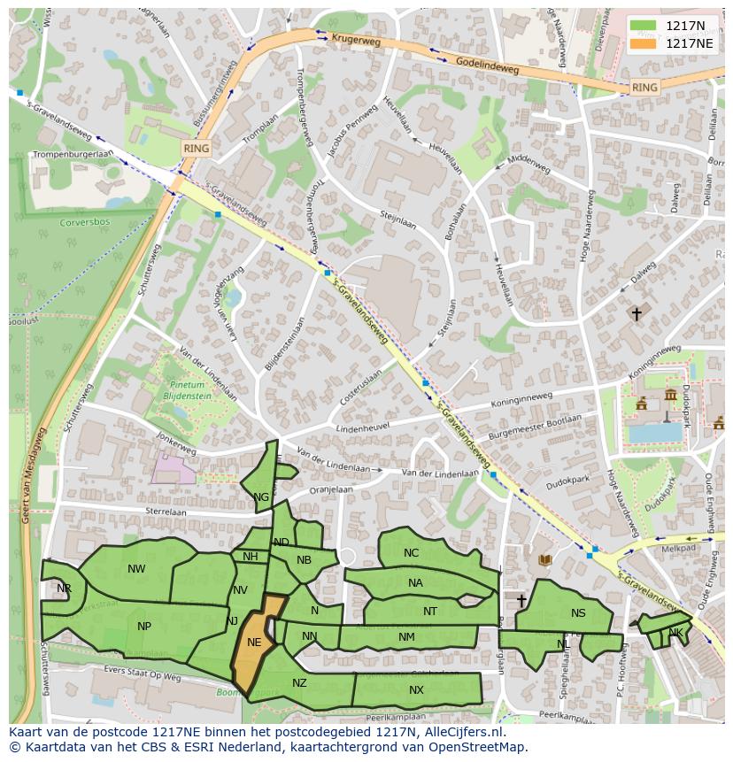 Afbeelding van het postcodegebied 1217 NE op de kaart.