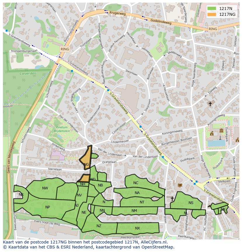 Afbeelding van het postcodegebied 1217 NG op de kaart.