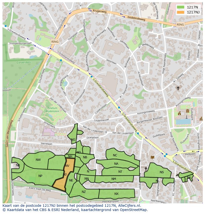 Afbeelding van het postcodegebied 1217 NJ op de kaart.