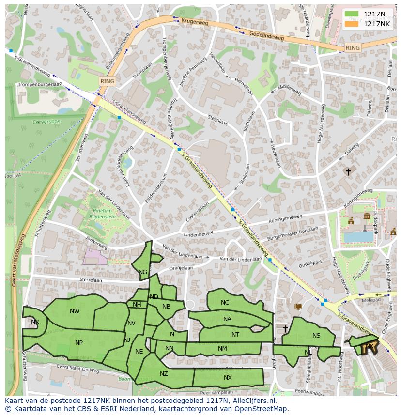 Afbeelding van het postcodegebied 1217 NK op de kaart.