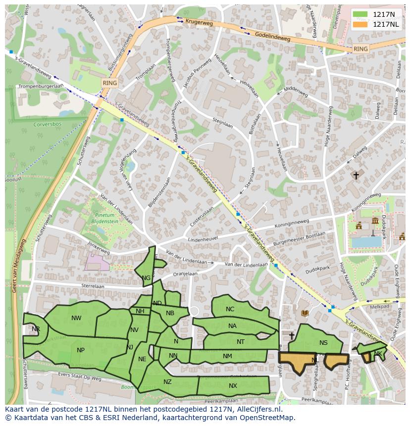 Afbeelding van het postcodegebied 1217 NL op de kaart.