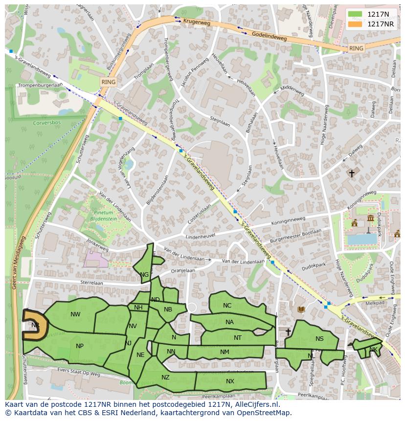 Afbeelding van het postcodegebied 1217 NR op de kaart.