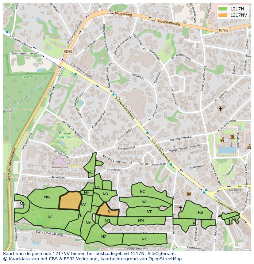 Afbeelding van het postcodegebied 1217 NV op de kaart.