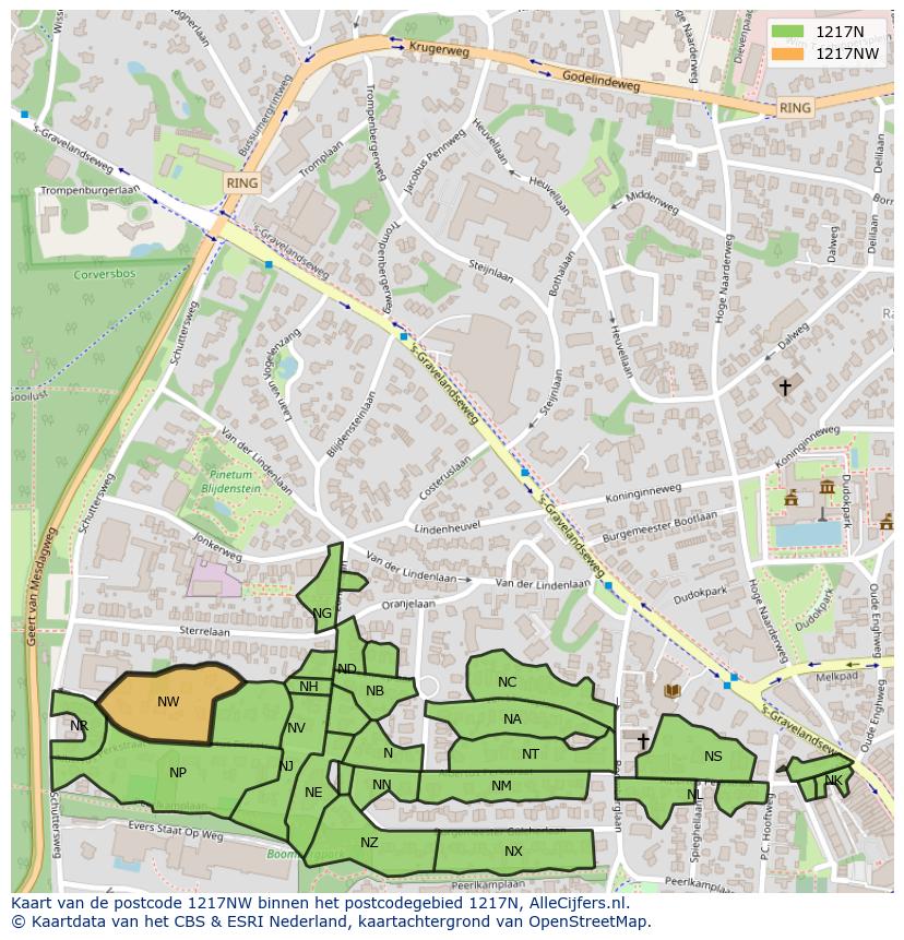 Afbeelding van het postcodegebied 1217 NW op de kaart.