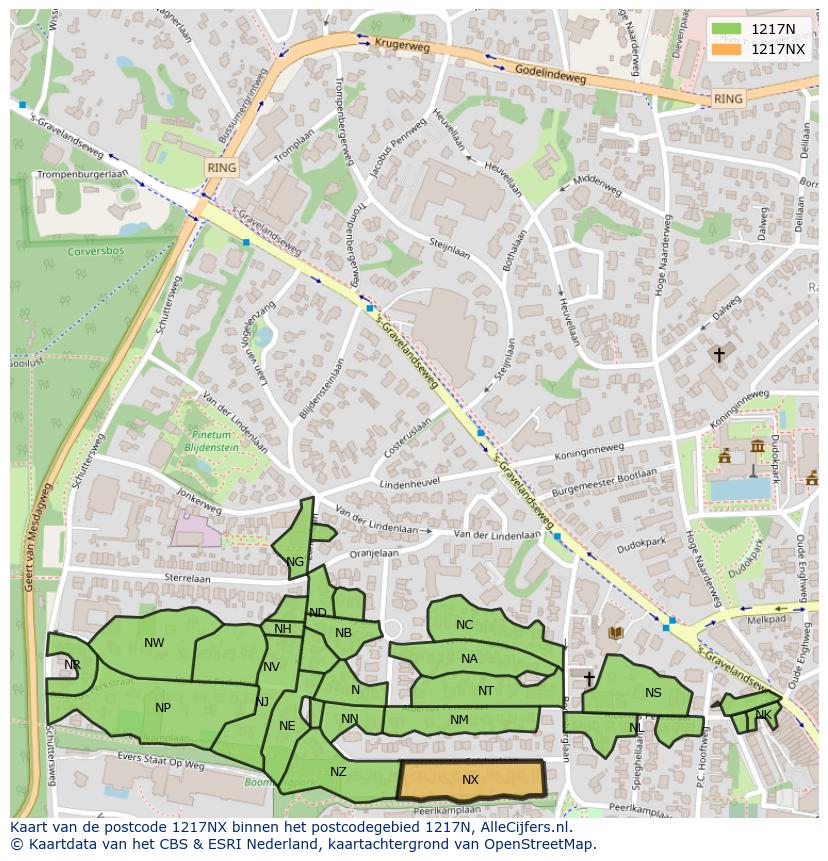 Afbeelding van het postcodegebied 1217 NX op de kaart.
