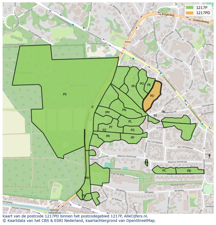 Afbeelding van het postcodegebied 1217 PD op de kaart.