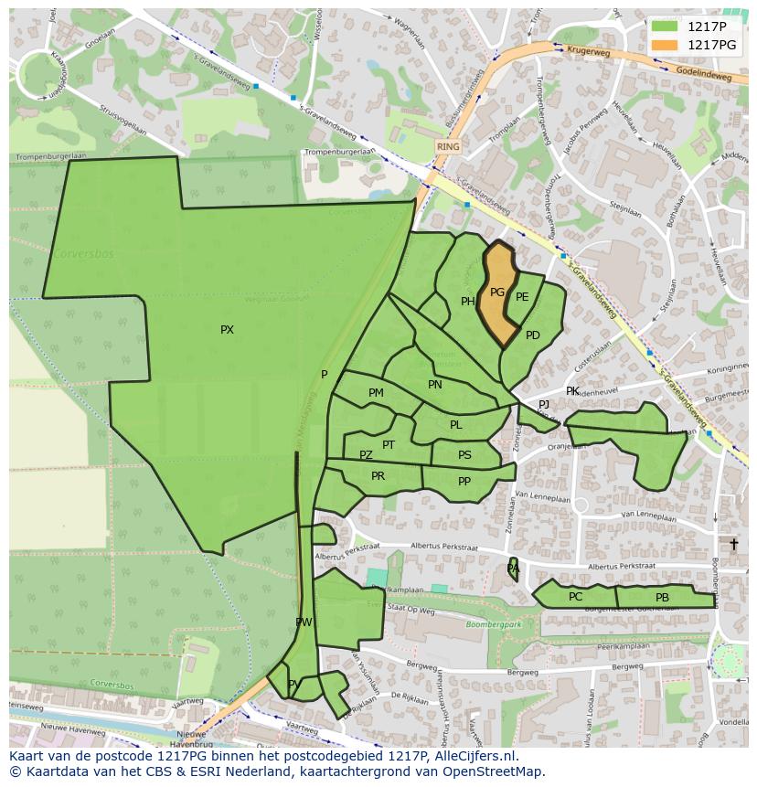 Afbeelding van het postcodegebied 1217 PG op de kaart.