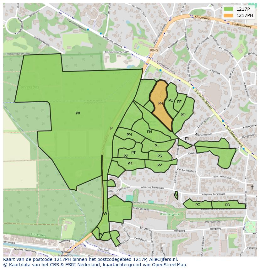 Afbeelding van het postcodegebied 1217 PH op de kaart.