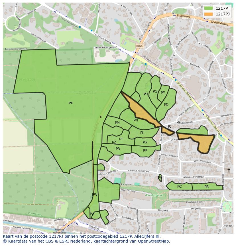 Afbeelding van het postcodegebied 1217 PJ op de kaart.