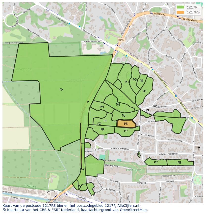 Afbeelding van het postcodegebied 1217 PS op de kaart.