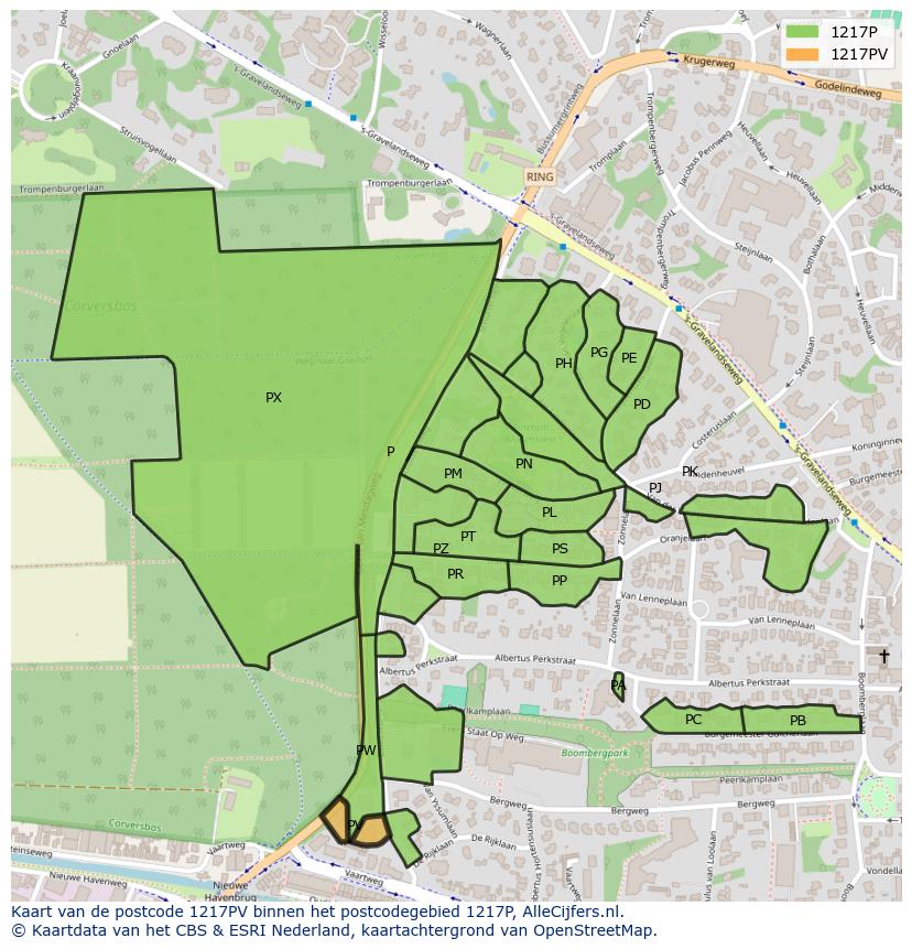 Afbeelding van het postcodegebied 1217 PV op de kaart.