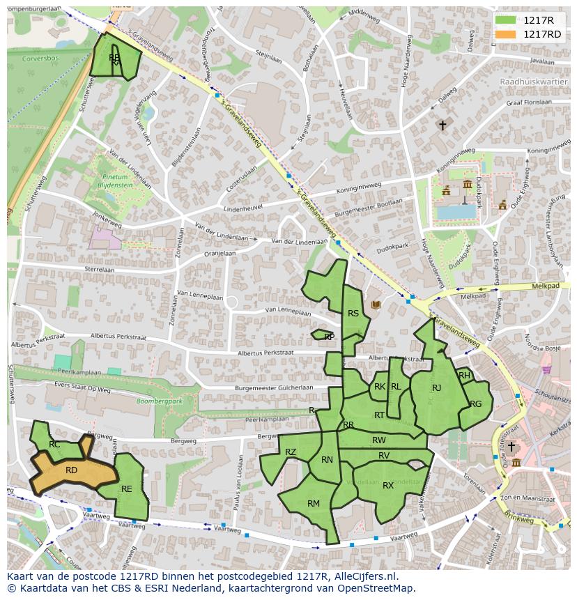 Afbeelding van het postcodegebied 1217 RD op de kaart.
