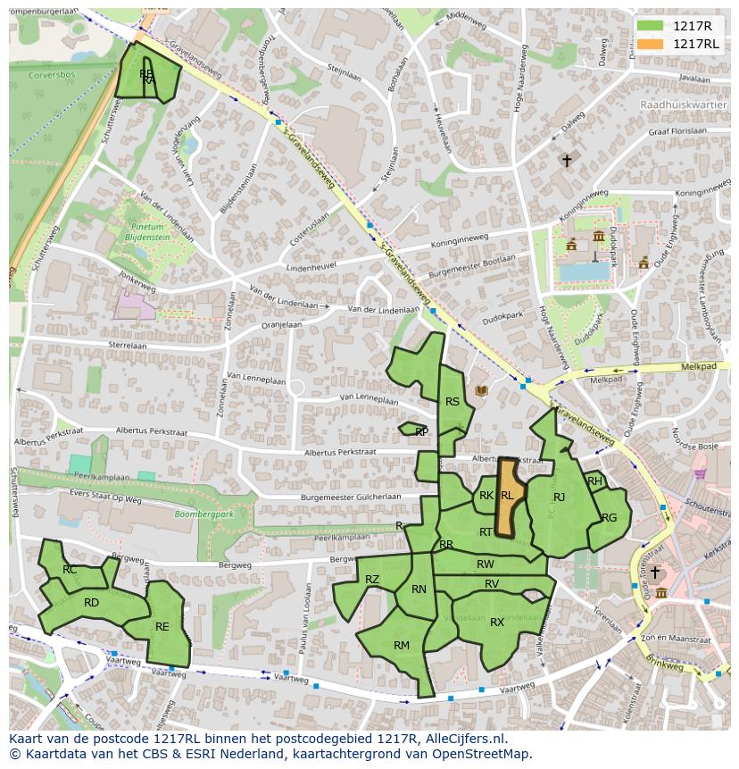 Afbeelding van het postcodegebied 1217 RL op de kaart.