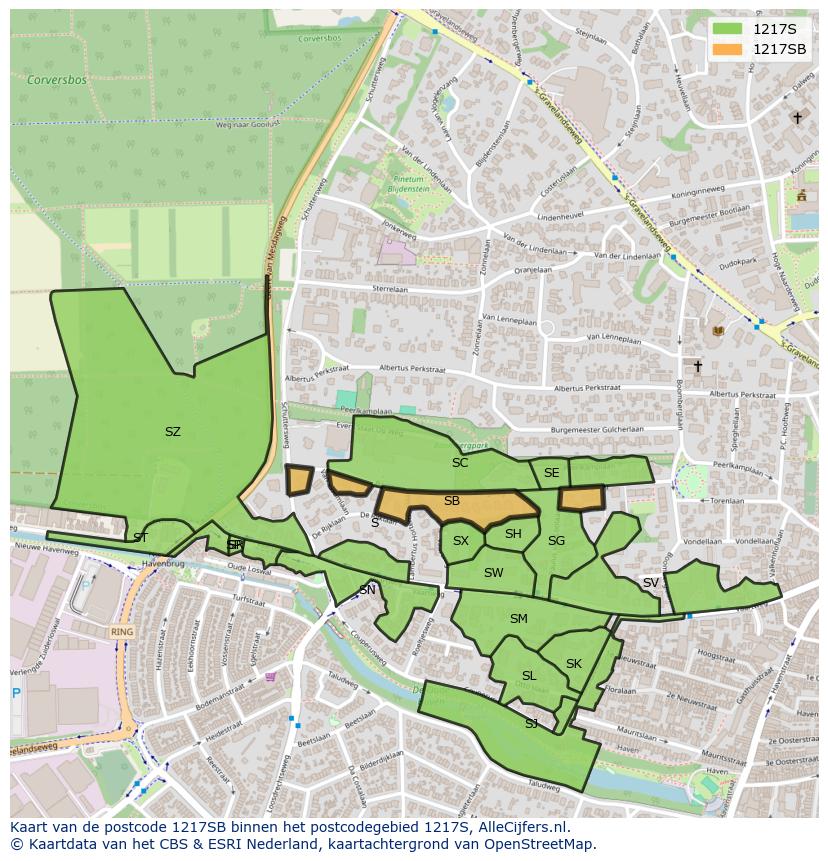 Afbeelding van het postcodegebied 1217 SB op de kaart.