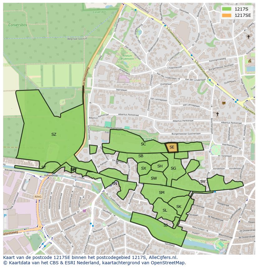 Afbeelding van het postcodegebied 1217 SE op de kaart.