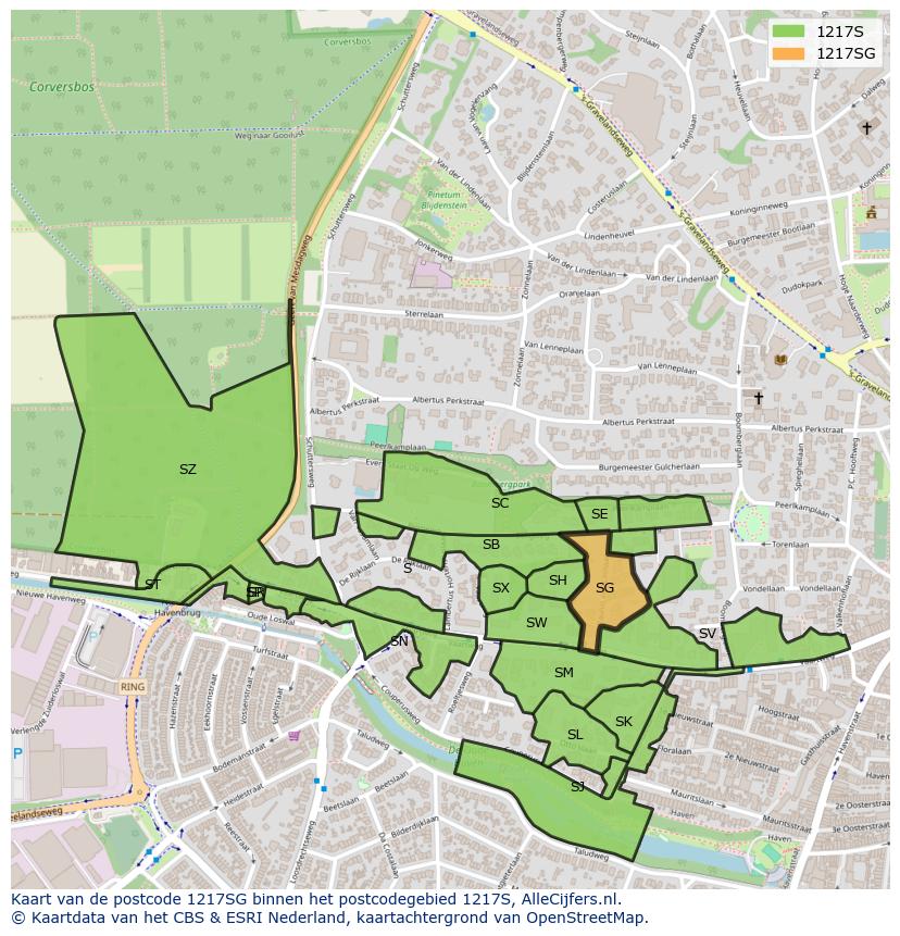 Afbeelding van het postcodegebied 1217 SG op de kaart.