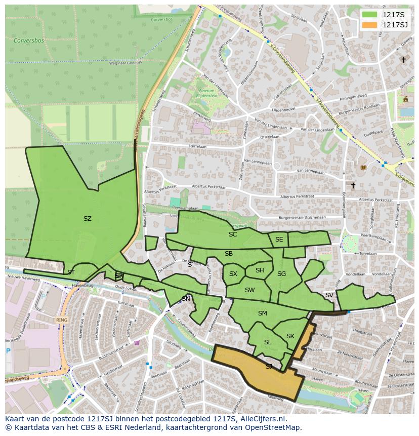 Afbeelding van het postcodegebied 1217 SJ op de kaart.