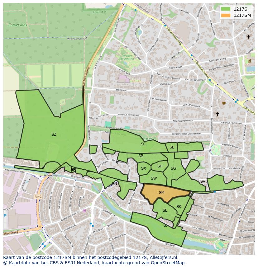 Afbeelding van het postcodegebied 1217 SM op de kaart.